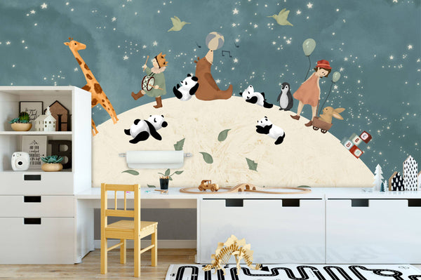 Cartoon Animals On Moon Wallpaper, Wall sticker, Wall poster, Wall Decal - Luzen&co