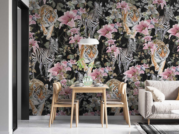 Zebra and Tiger Pattern Floral Wallpaper