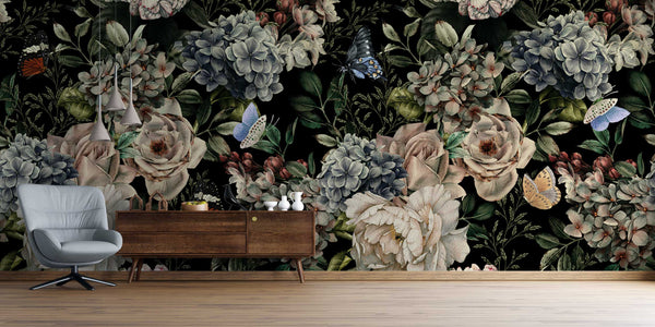 Dark Butterflies and Roses Self adhesive Wallpaper
