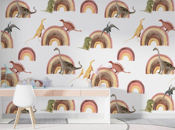 Dinosaurs and Rainbow Peel and Stick Wallpaper