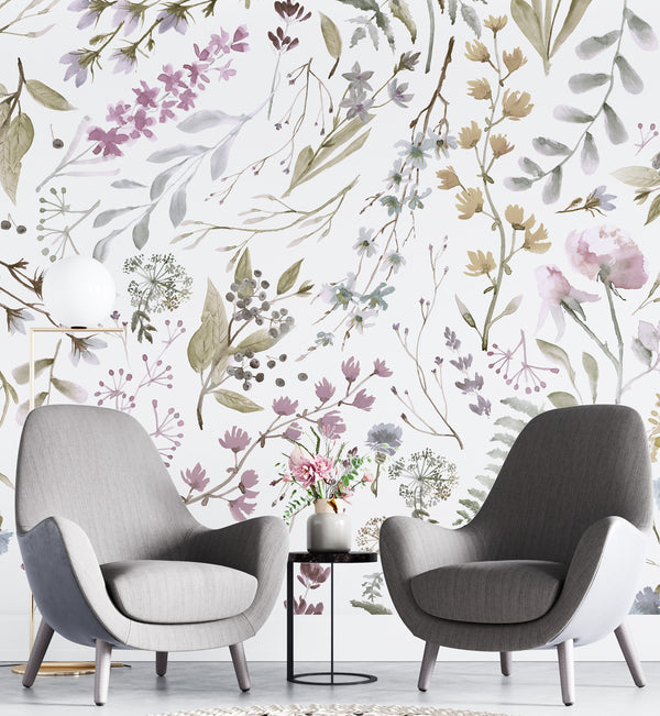 Soft Flowers Wallpaper with Watercolor Peel and Stick Wallpaper
