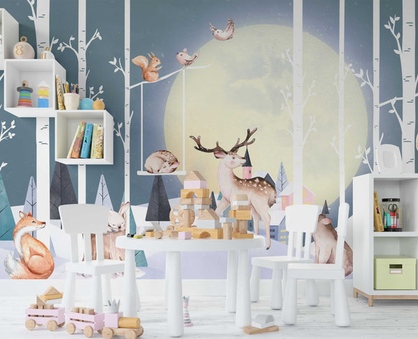 Cute Animals in the Moonlight Wallpaper, Wall sticker, Wall poster, Wall Decal - Luzen&co