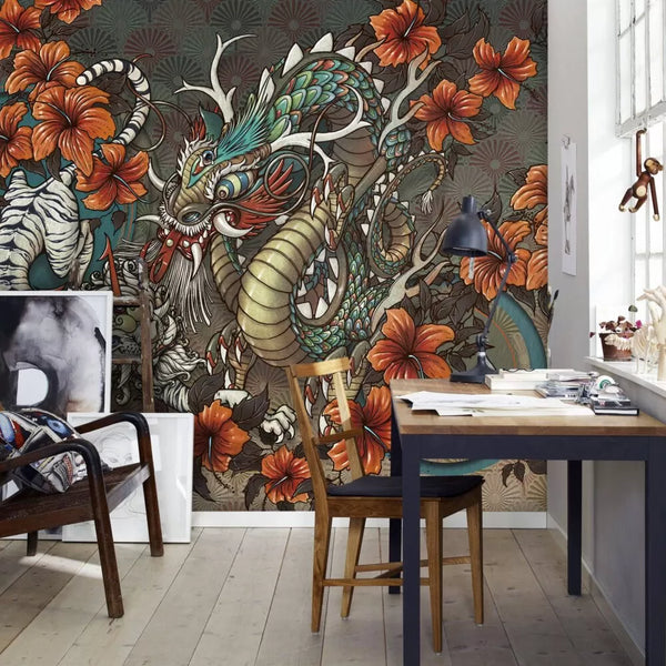Orange Tones Dragon Designed Peel and Stick Wallpaper