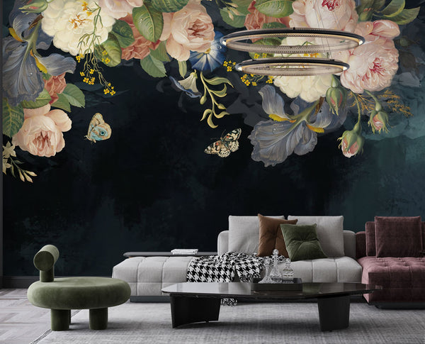 Roses and Butterflies Dark Wallpaper
