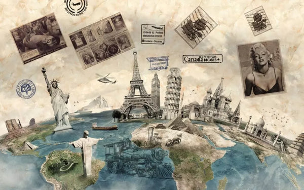 Wonders World With Post Cards Wall Mural Wallpaper - Luzen and co