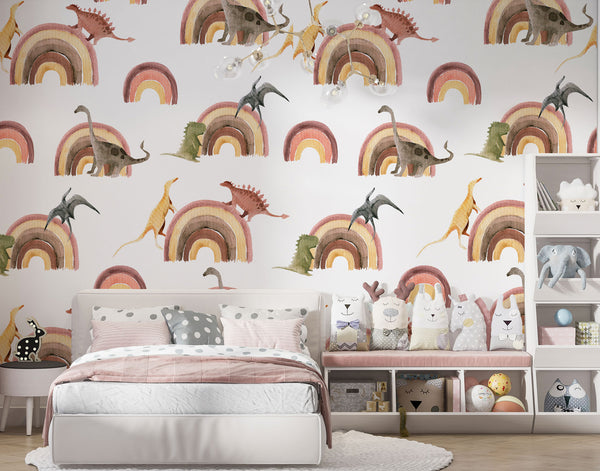 Dinosaurs and Rainbow Peel and Stick Wallpaper