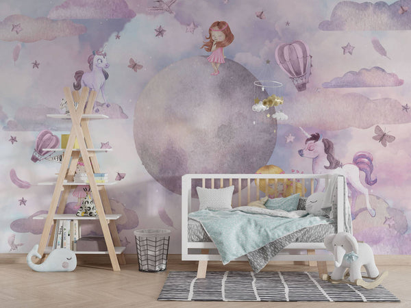 Purple Clouds Unicorns Self adhesive Wallpaper,, Wall sticker, Wall poster