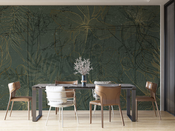 Dark Green Flower Silhouette Self adhesive Wallpaper