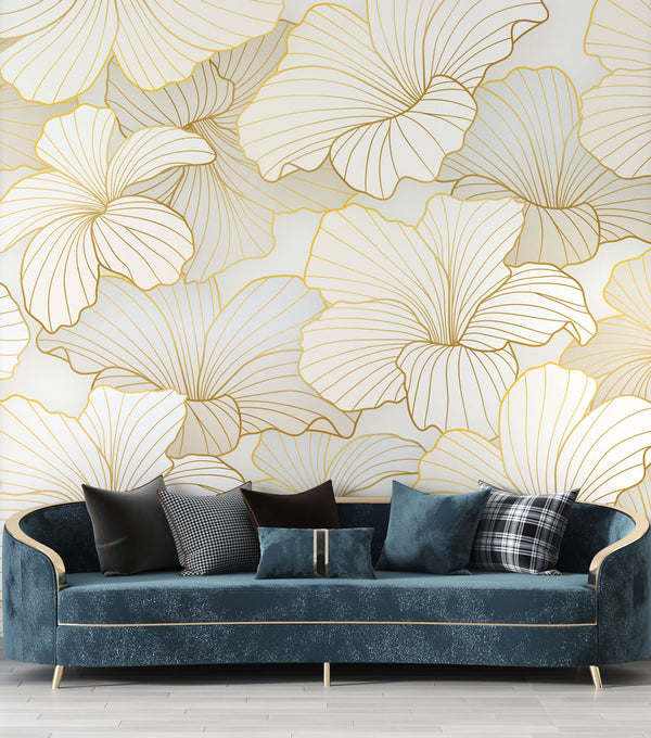 Gold Color Linear Lotus Flowers Self adhesive Wallpaper