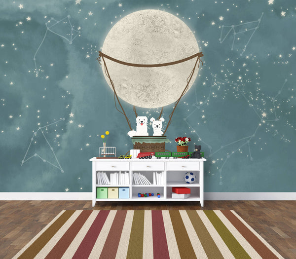 Sky Moon and Dogs Wallpaper for kids room, Wall sticker, Wall poster