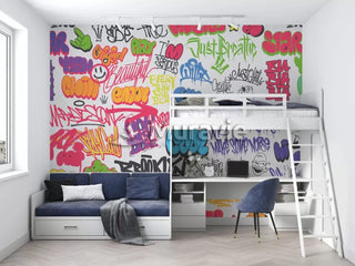 Inscribed Stylish Graffiti Wall Mural Wallpaper