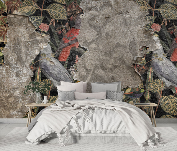 Ripped Wall-Look Flowers Wallpaper
