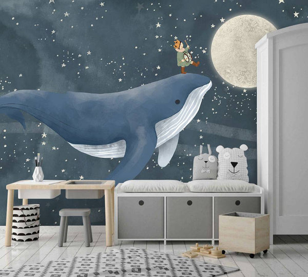 Whale Swimming Kids room Wallpaper, Wall stickers