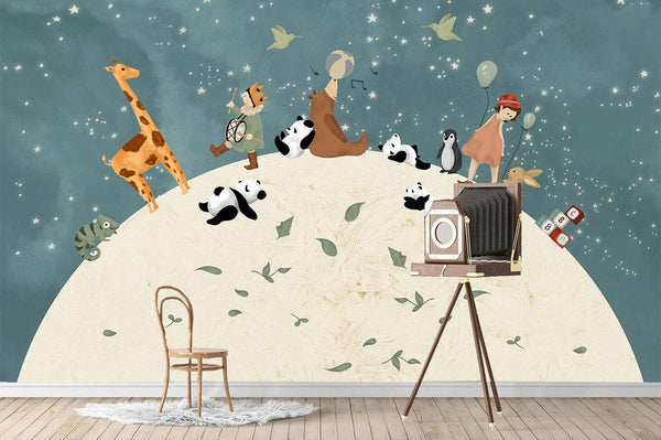 Cartoon Animals On Moon Wallpaper, Wall sticker, Wall poster, Wall Decal - Luzen&co