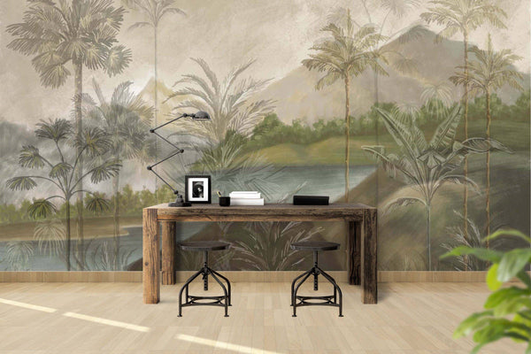 Natural Tones Forest and Mountain Landscape Wallpaper