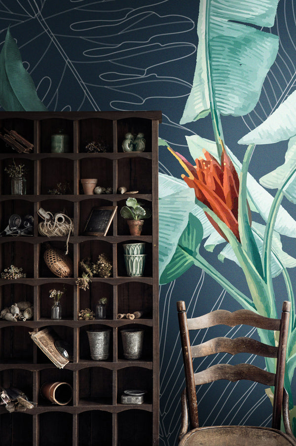 Big Tropical Leaves and Red Flowers Self Adhesive Wallpaper