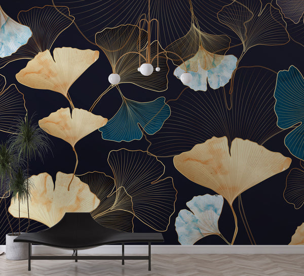 Linear Gold Detail Flowers Self adhesive Wallpaper