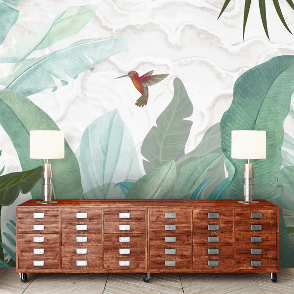 Birds and Big Tropical Leaves Self Adhesive Wallpaper