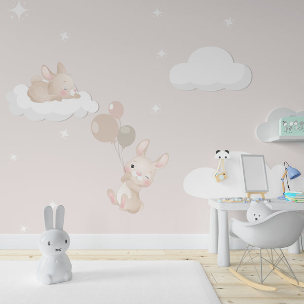 Bunnies Flying With Balloon Kids Wallpaper, Wall sticker, Wall poster, Wall Decal - Luzen&co