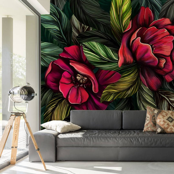 Green And Red Tones Floral Wallpaper