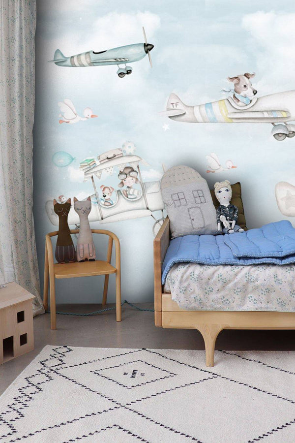 Cartoon Animal Pilots On Airplanes Self adhesive Wallpaper
