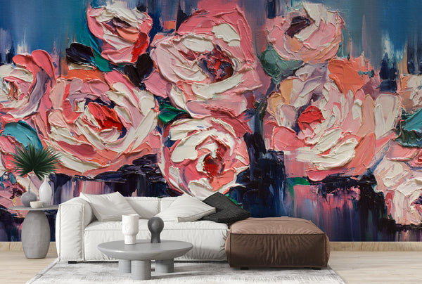 Oil Painting Roses Self adhesive Wallpaper