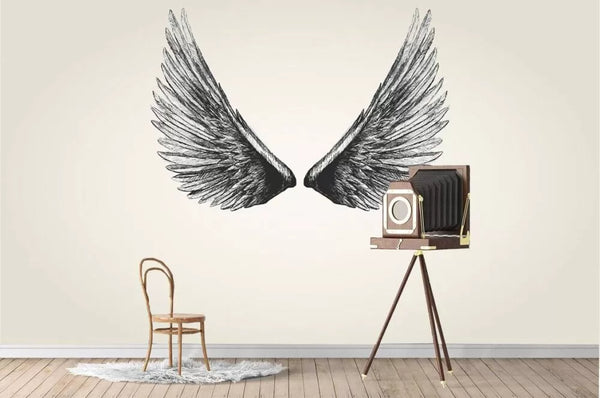 Gray Background Black Wings Wall Mural Wallpaper -luzen and co