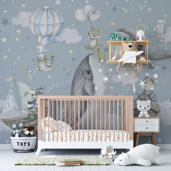 Whales and Flying Animals Wallpaper for kids room, Wall sticker, Wall poster