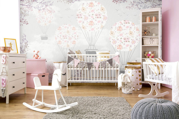 Flowers Designed Hot Air Balloon Wallpaper, Wall sticker, Wall poster, Wall Decal