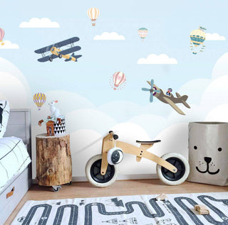 Blue Cloudy Sky and Airplanes Kids Peel and Stick wallpaper Self adhesive wallpaper -Luzen&Co