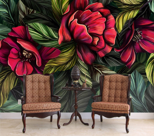 Green And Red Tones Floral Wallpaper