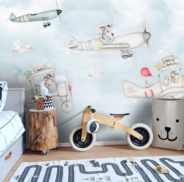 Cartoon Animal Pilots On Airplanes Self adhesive Wallpaper