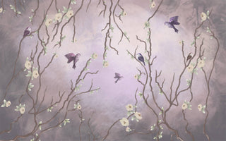 Purple Tones Birds On Apricot Tree Wallpaper