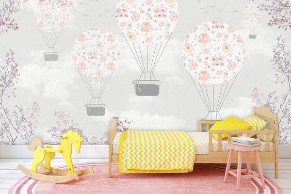 Flowers Designed Hot Air Balloon Wallpaper, Wall sticker, Wall poster, Wall Decal