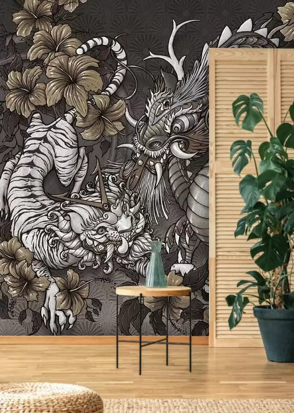Grey Tones Dragon Designed Self Adhesive Wallpaper - Luzenandco