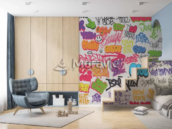 Inscribed Stylish Graffiti Wall Mural Wallpaper