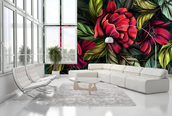Green And Red Tones Floral Wallpaper