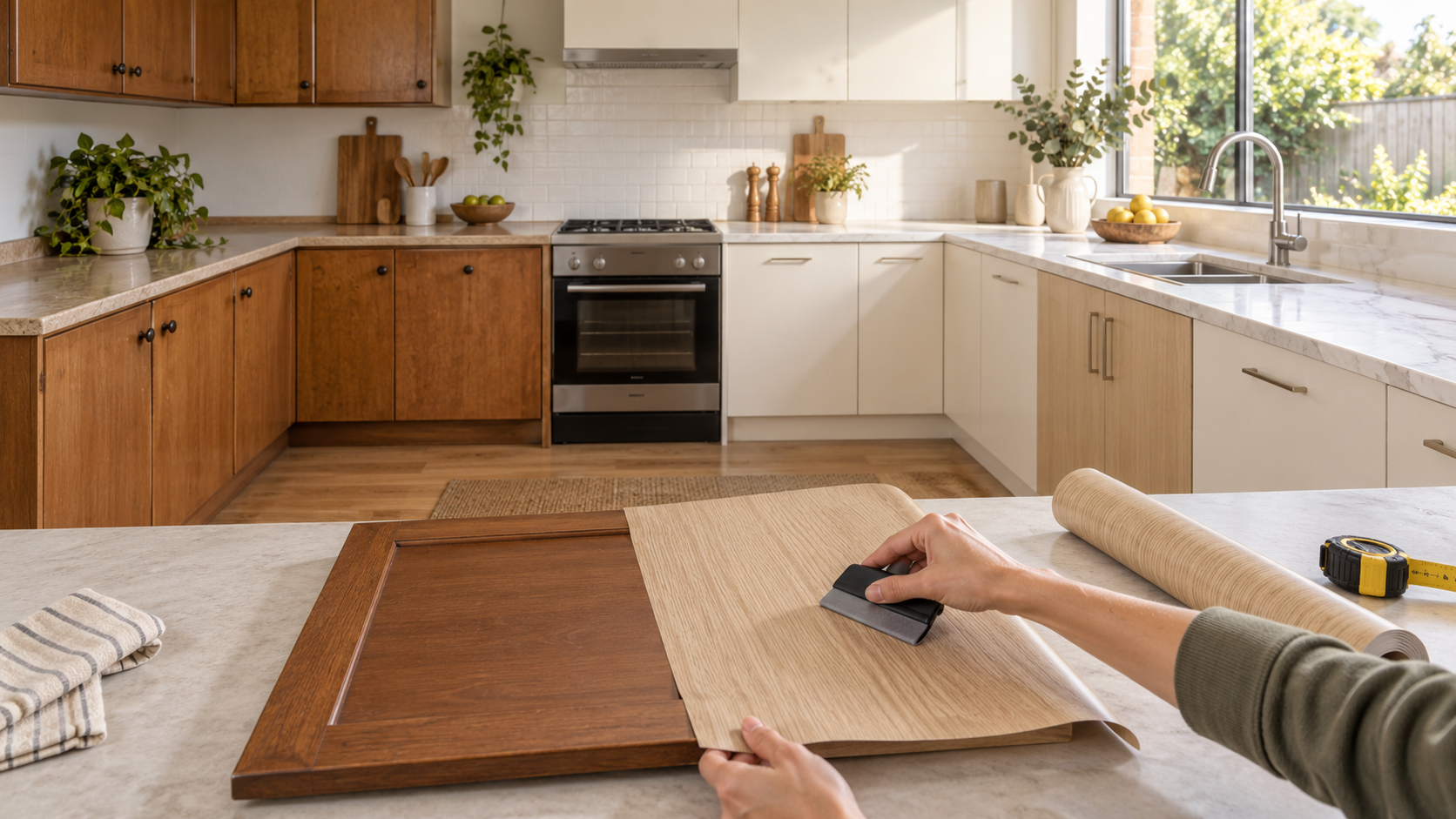 DIY interior vinyl wrap transforming dated kitchen cabinets in Australia