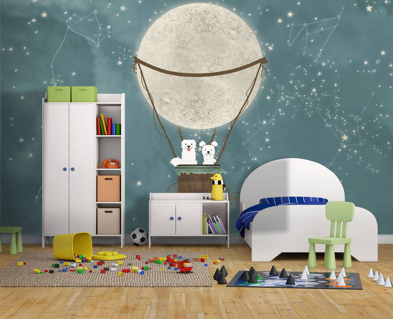 Sky Moon and Dogs Wallpaper for kids room, Wall sticker, Wall poster
