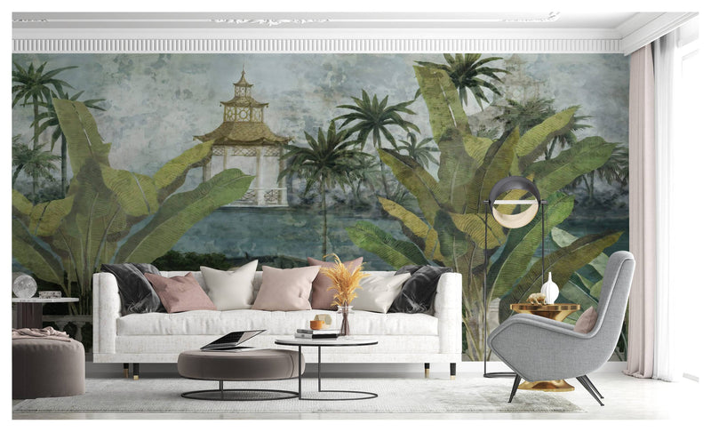 Lake and Tropical Forest Landscape Self Adhesive Wallpaper