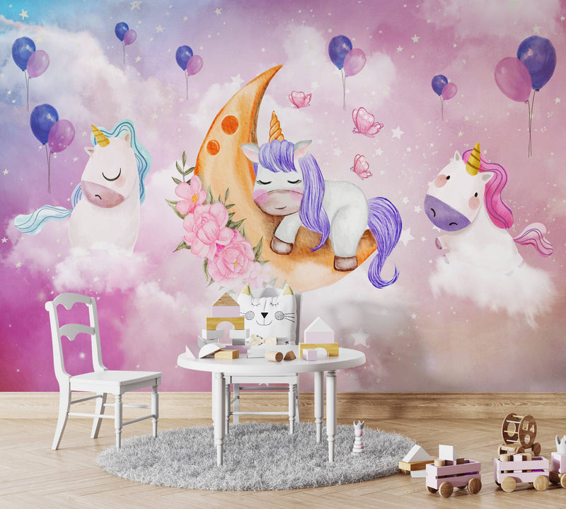 Rainbow Colors Unicorn and Balloons Wallpaper,, Wall sticker, Wall poster