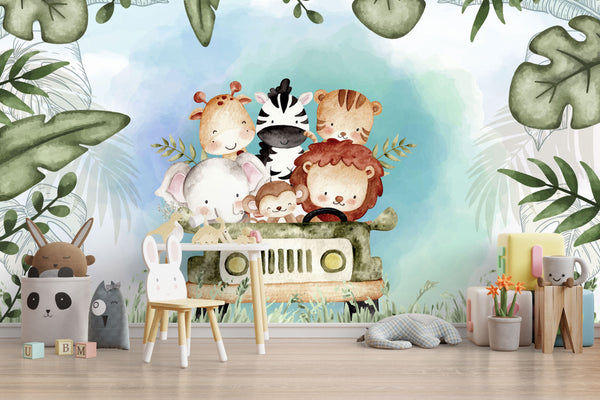 Animals in Car Kids Self adhesive Wallpaper, Wall sticker, Wall poster, Wall Decal - Luzen&co
