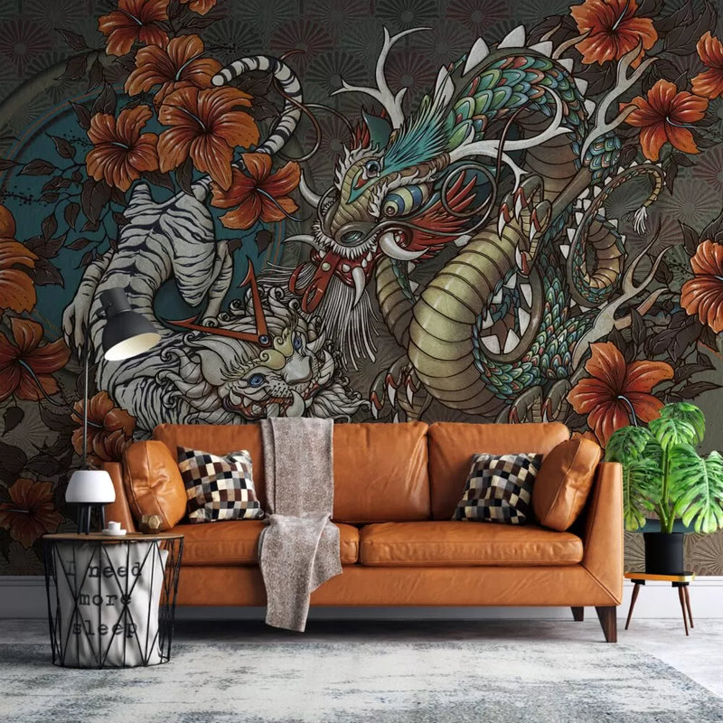 Orange Tones Dragon Designed Peel and Stick Wallpaper