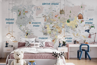Cute Animal World Map Peel and stick wallpaper