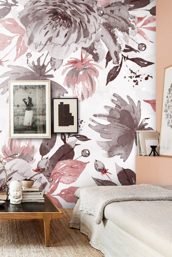 Watercolor Effected Dark Tones Floral Wallpaper -Luzen&Co