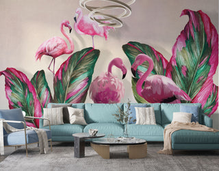 Flamingos and Tropical Leaves Self adhesive wallpaper