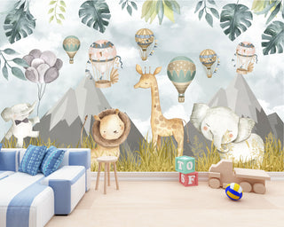 Animals and Flying Balloons Kids Wallpaper