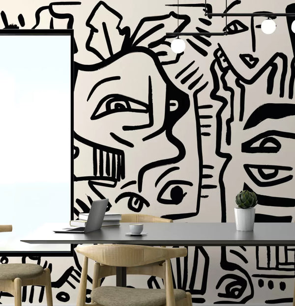 Linear Face Motifs Modern Wall Mural Peel and Stick Wallpaper