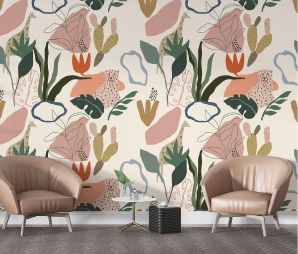 Flowers and Tigers in Watercolor Self adhesive wallpaper
