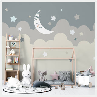 Cloudy Sky Stars and Moon Kids Wallpaper, Wall sticker, Wall poster, Wall Decal - Luzen&co